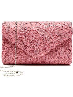 Women Pink Embroidered Lace Clutch Purse Envelope Imported Evening Handbags